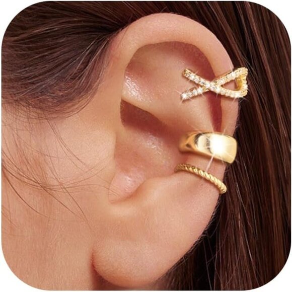 Chunky Ear Cuff Set Non Piercing Clip-On Cartilage Cubic Zirconia Earring - Picture 1 of 7